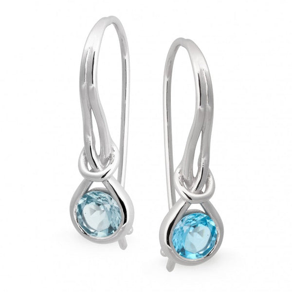 Blue Topaz Bezel Set Shepherd Hook Earrings in 9ct White Gold