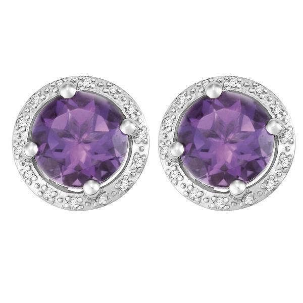 9ct White Gold Round Amethyst and  Round Brilliant-cut Diamond Earrings