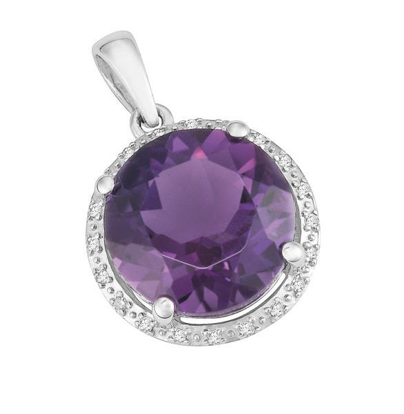 9ct White Gold Round Amethyst and  Round Brilliant-cut Diamond Pendant