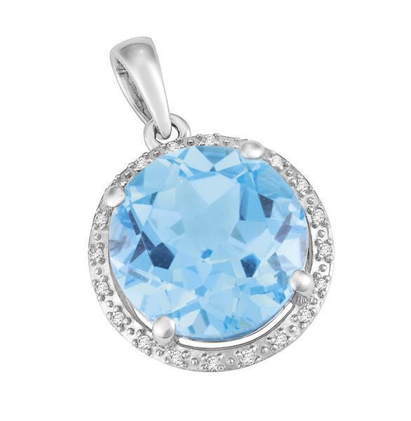9ct White Gold Round Blue Topaz and  Round Brilliant-cut Diamond Pendant