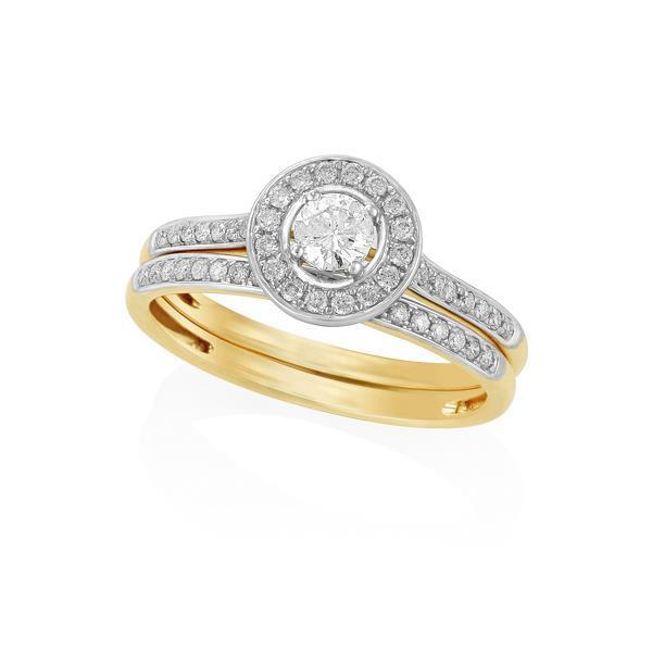 9ct Yellow Gold Round Brilliant-cut Diamond Micro Pave Ring with Round Brilliant-cut Diamond Claw Centre and Matching Wedder Set