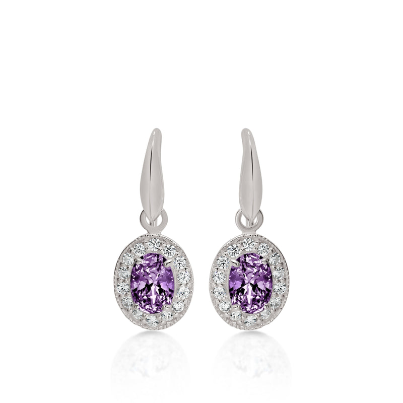 Silver oval purple cubic zirconia halo drops