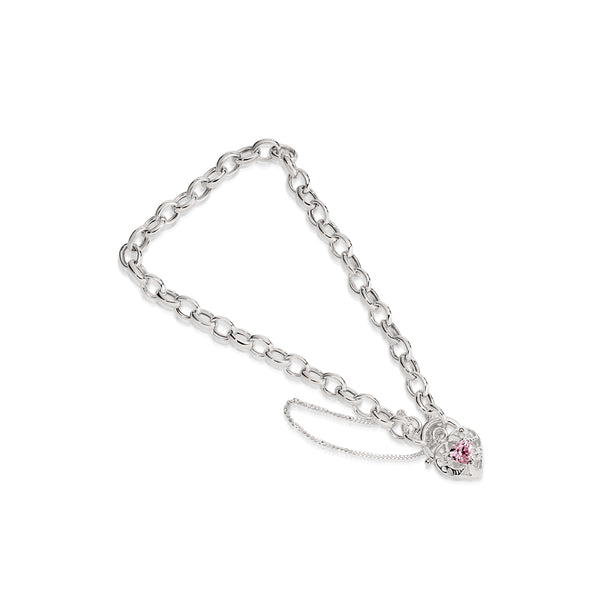 Silver pink cubic zirconia padlock bracelet