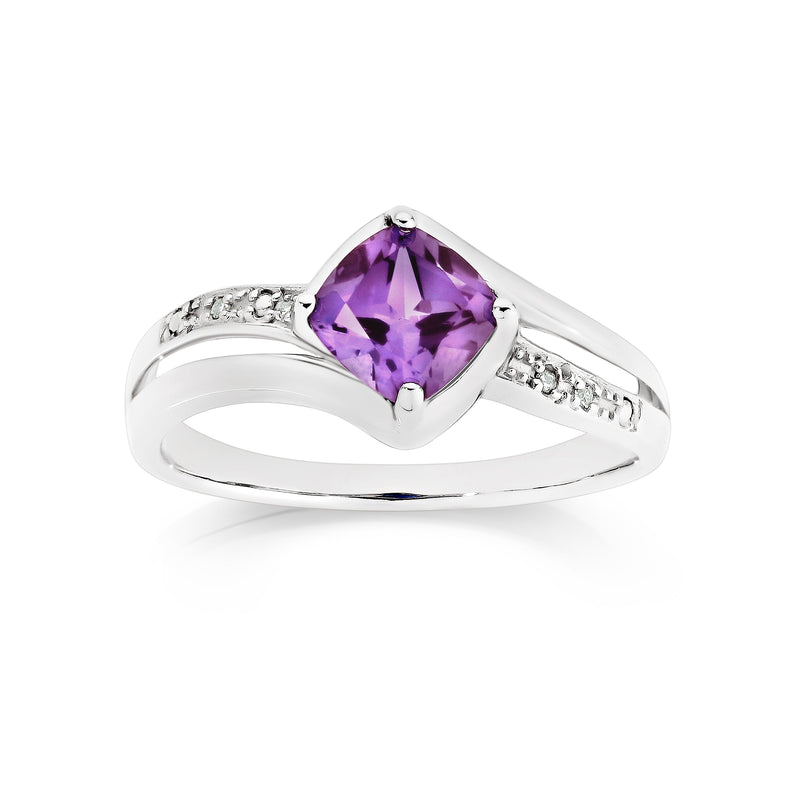 Silver amethyst & diamond ring