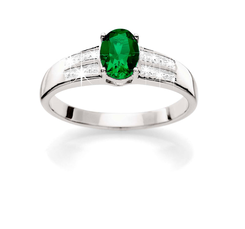 Silver created emerald & diamond ring