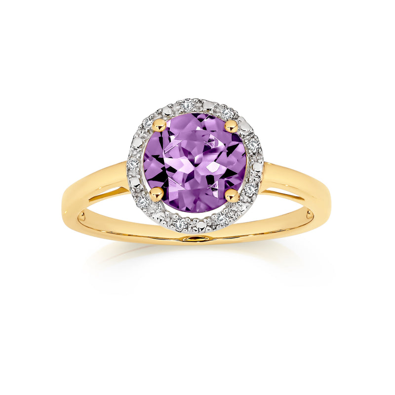 9ct gold amethyst & diamond ring