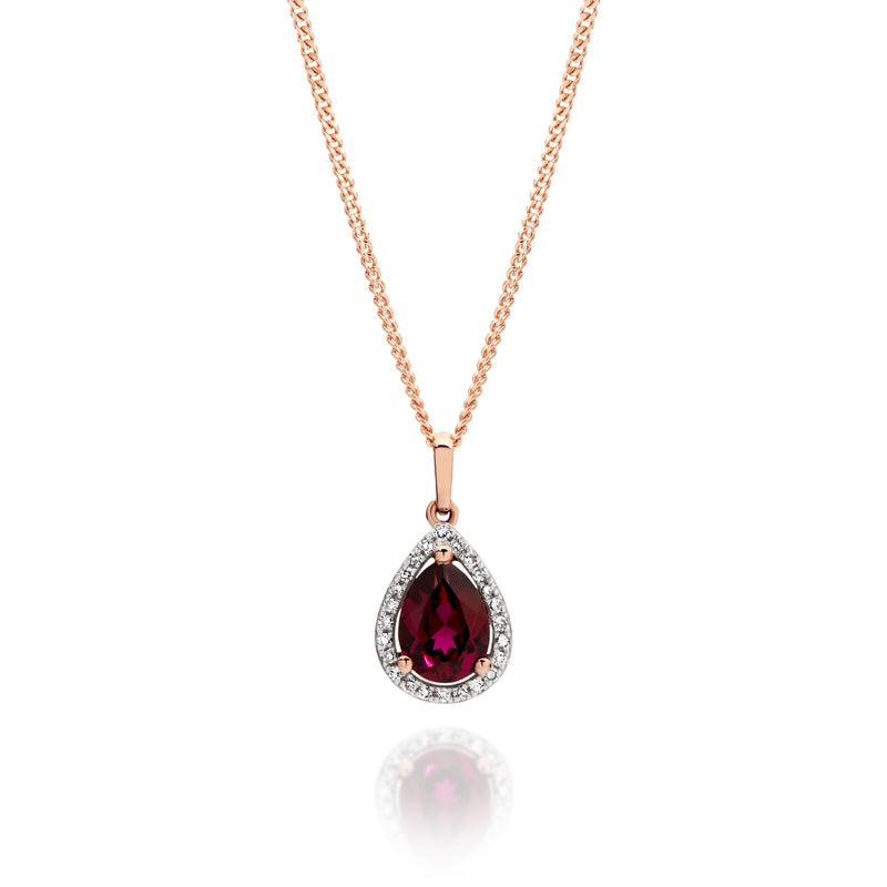 9ct rose gold rhodolite garnet & diamond pendant