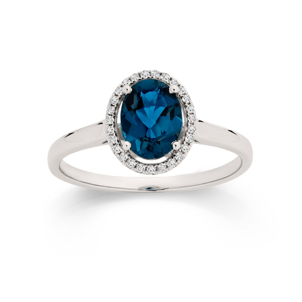 9ct white gold london blue topaz & diamond ring