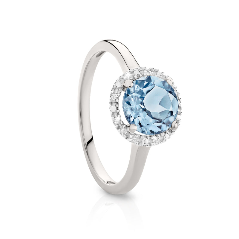 9ct white gold blue topaz and diamond ring