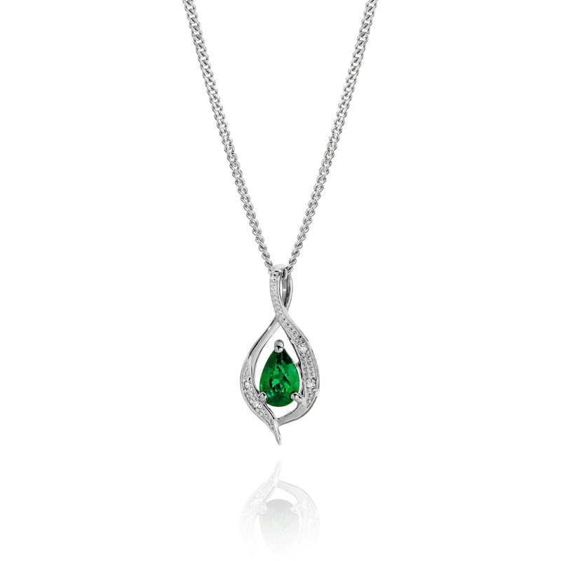 9ct white gold created emerald & diamond pendant