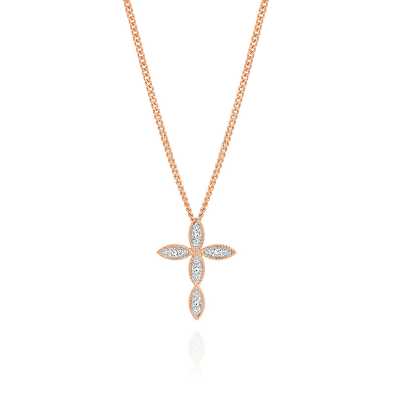 9ct rose gold 0.10ct diamond millgrain cross pendant