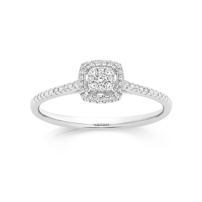 9ct white gold 0.15ct diamond cushion halo ring