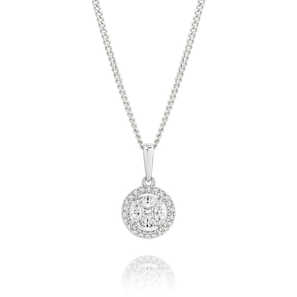 9ct white gold 0.25ct diamond halo pendant with princess & marquise stones