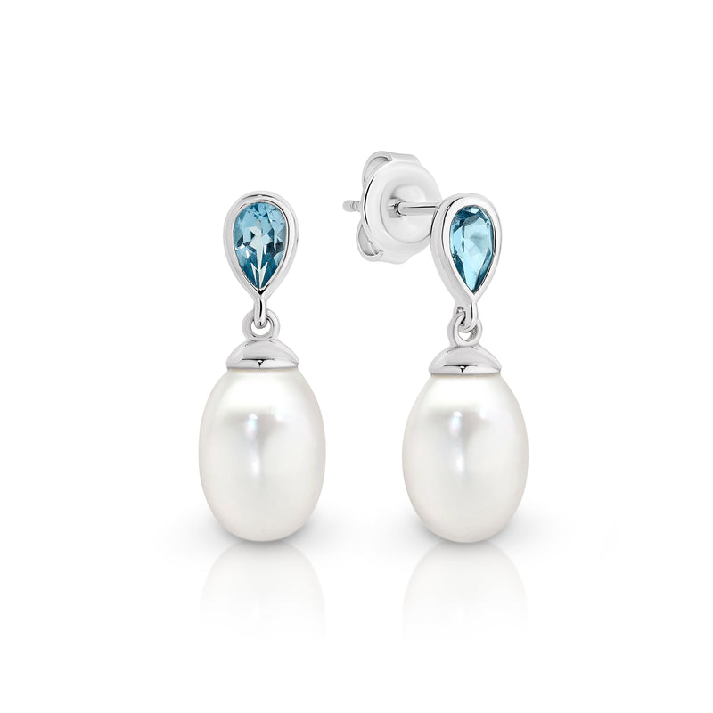 9ct white gold pearl & blue topaz studs