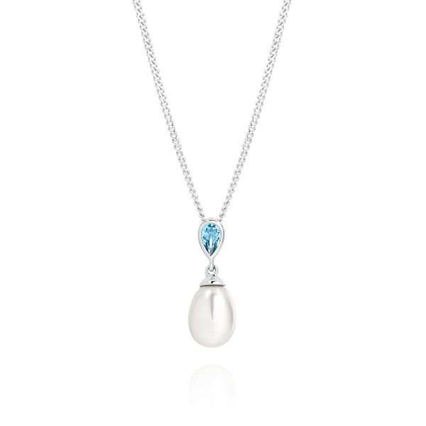 9ct white gold pearl & blue topaz pendant