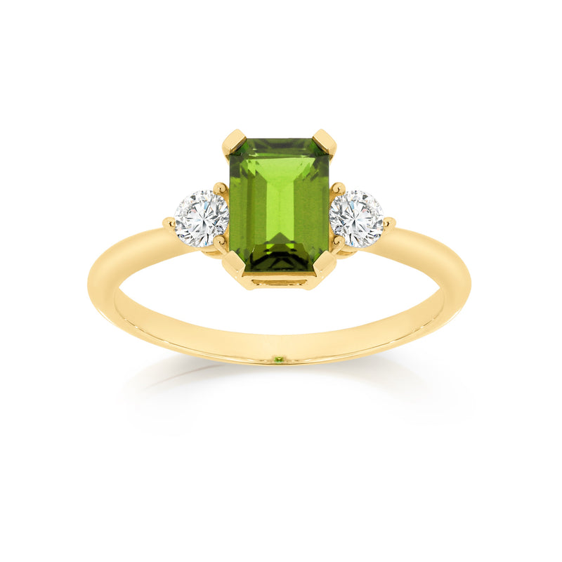 9ct emerald cut peridot & cubic zirconia ring