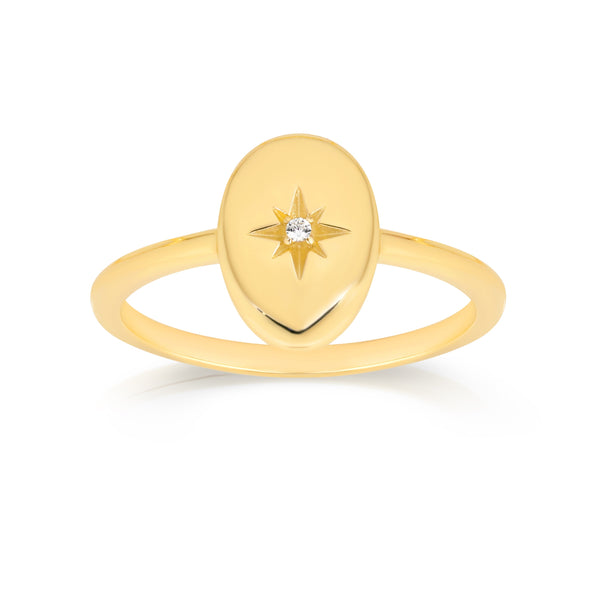 9ct oval disc signet ring with star set cubic zirconia