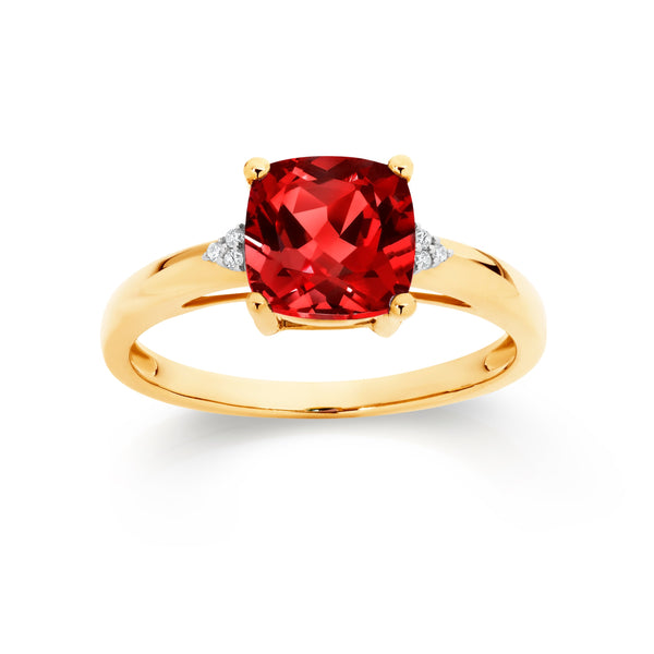 9ct gold created ruby & dia cushion ring