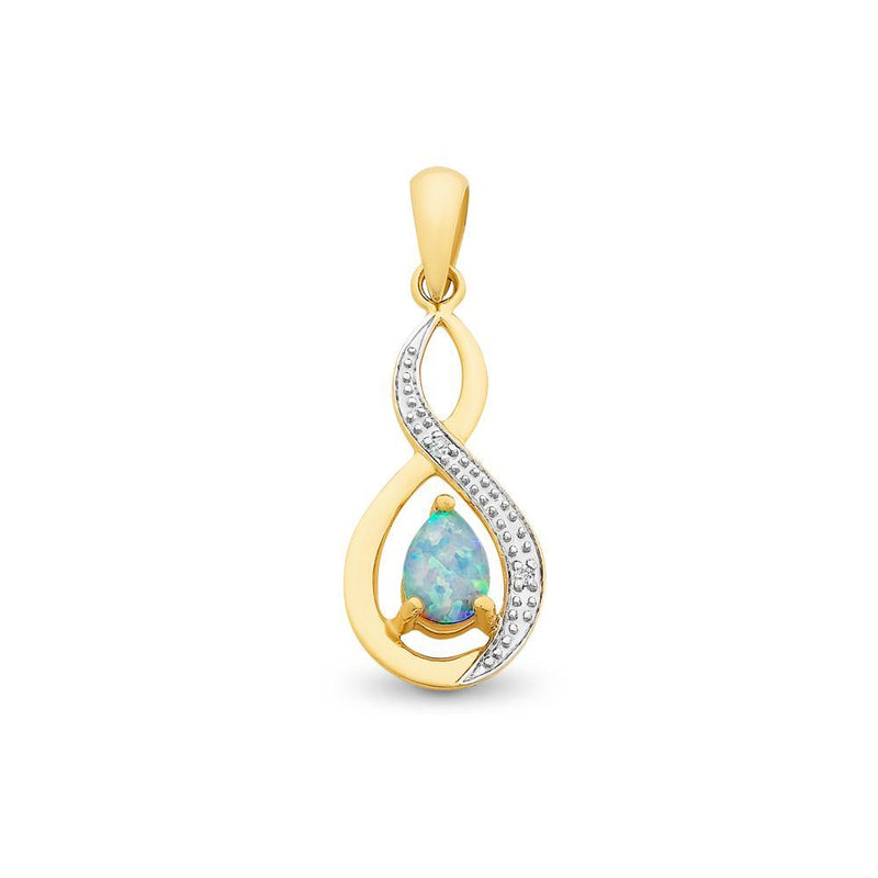 9Ct Gold Created Opal And Diamond Pendant