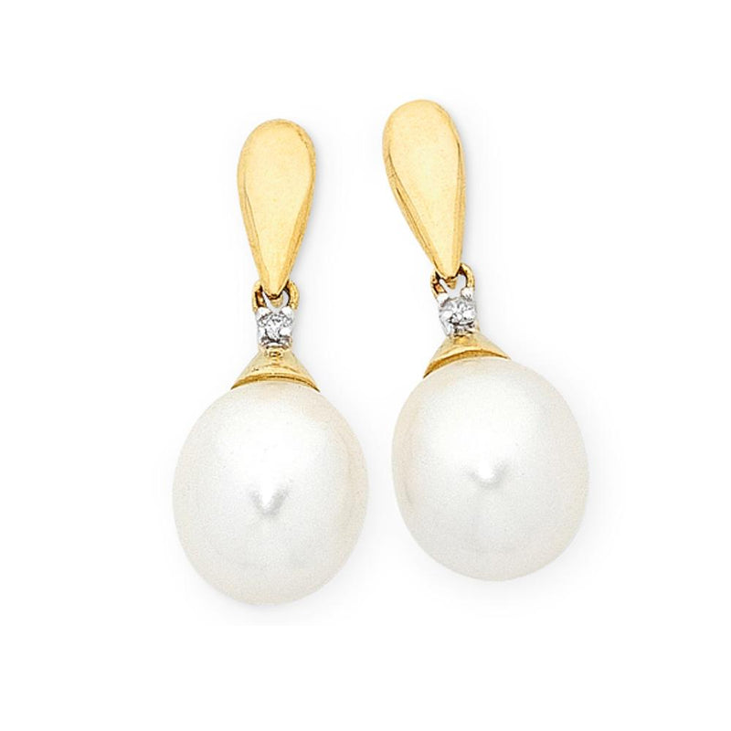 9Ct Gold Freshwater Pearl & Diamond Earrings
