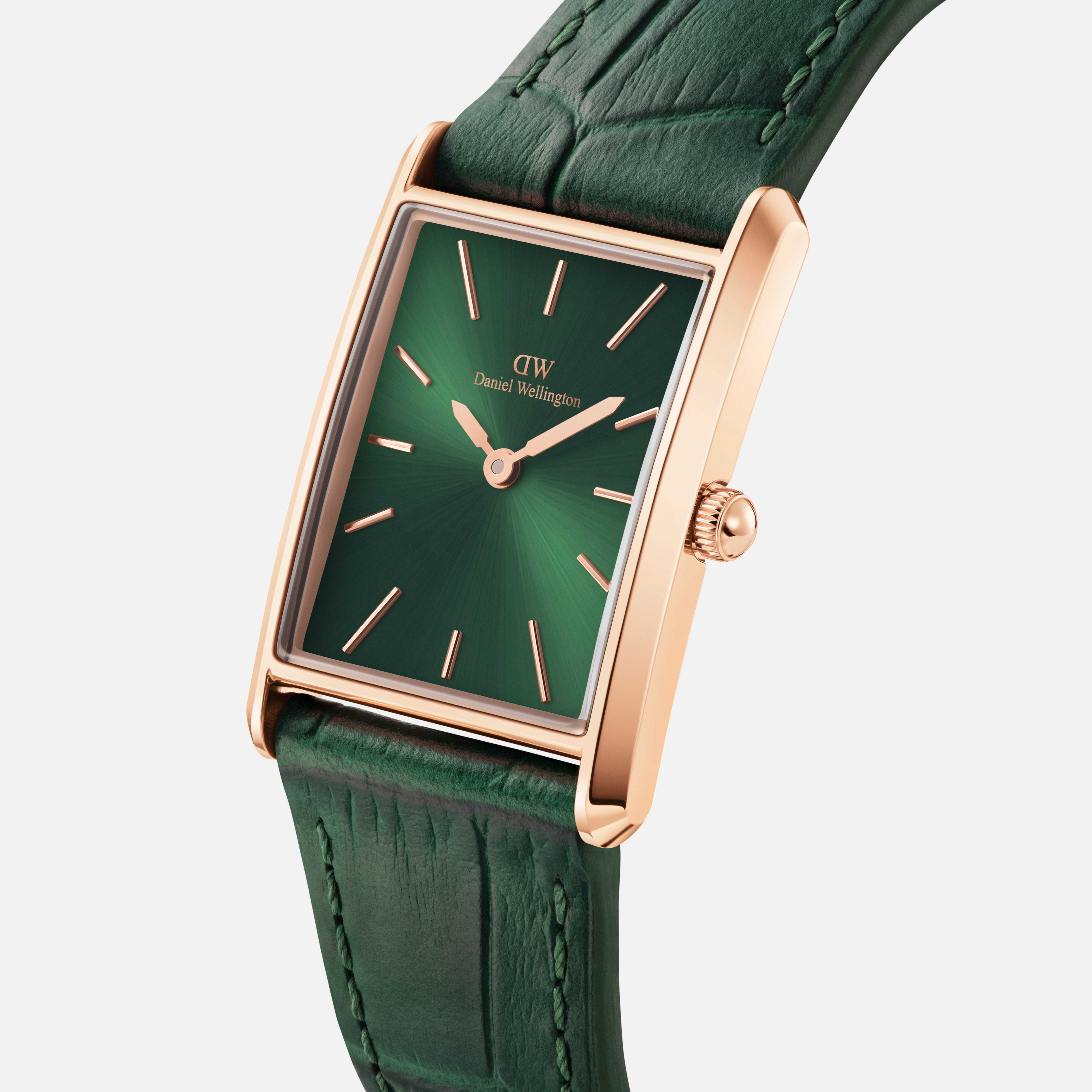 Daniel Wellington Bound 32x22 Green Croc Leather Rose Gold Emerald Sunray Watch