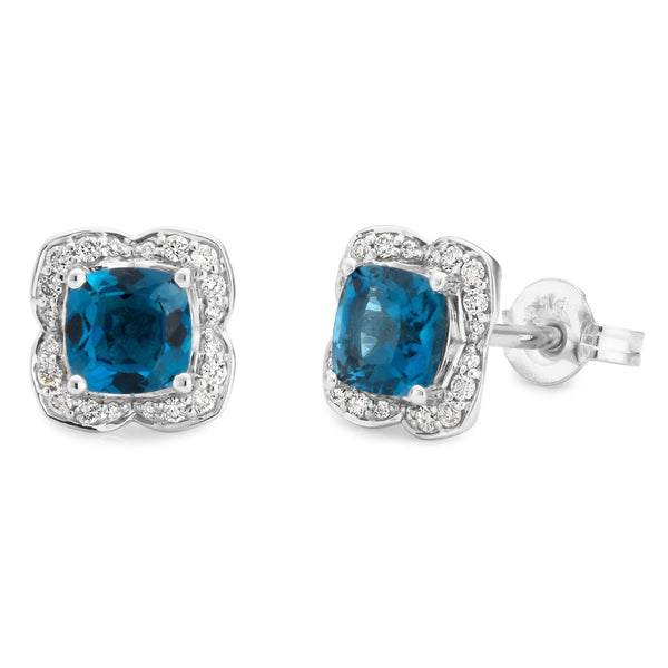 London Blue Topaz & Diamond Claw-Bead Set Stud Earrings in 9ct White Gold