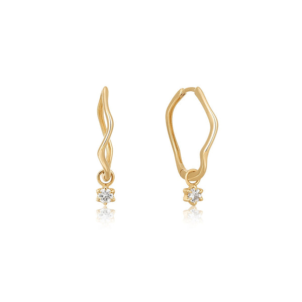 Ania Haie 14ct Gold White Sapphire Drop Mini Wave Hoop Earrings