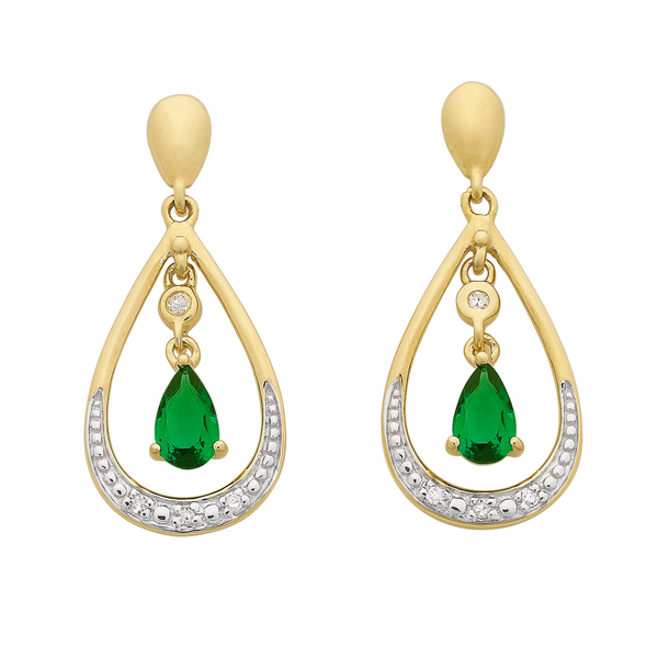 9ct gold created emerald & diamond earrings