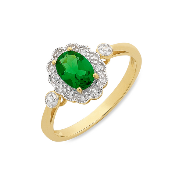 9ct gold created emerald & diamond ring