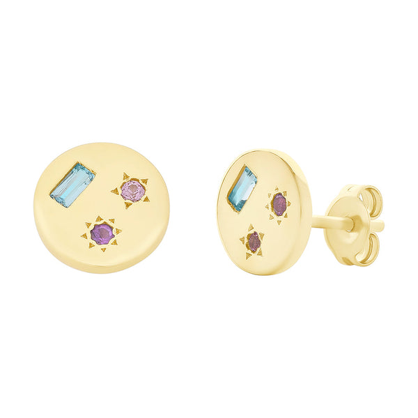 9ct Gold Earrings set with Blue Topaz, Amethyst & Created Pink Sapphire