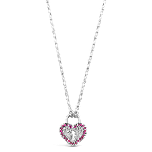 Sterling Silver Heart-Lock Necklace Set With Created Ruby And Cubic Zirconia