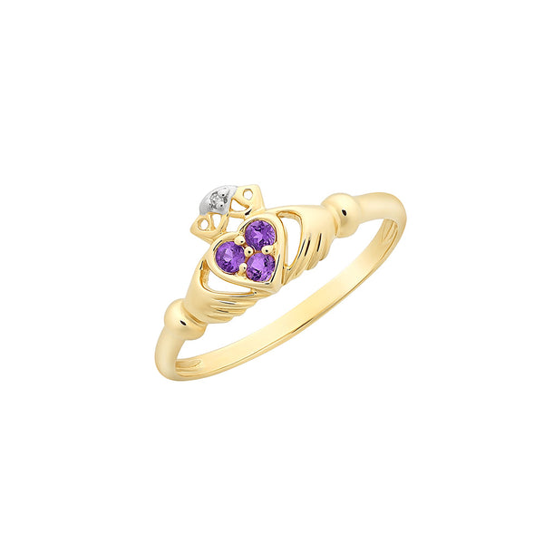 9ct Gold Amethyst & Diamond 'Claddagh' Ring