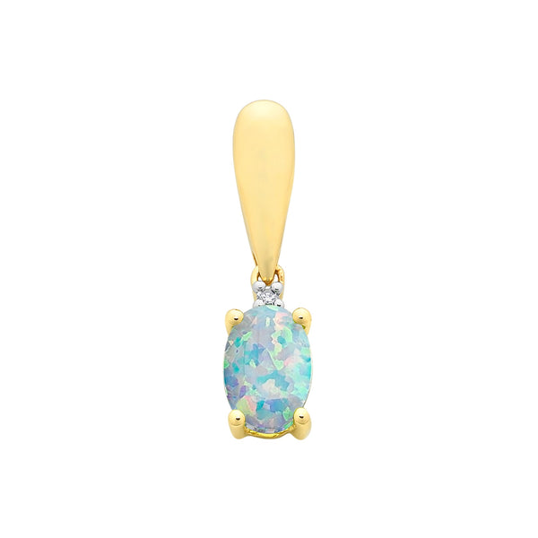 9ct Gold Created Opal & Diamond Pendant