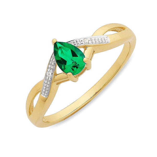 9ct Gold Created Emerald & Diamond Ring