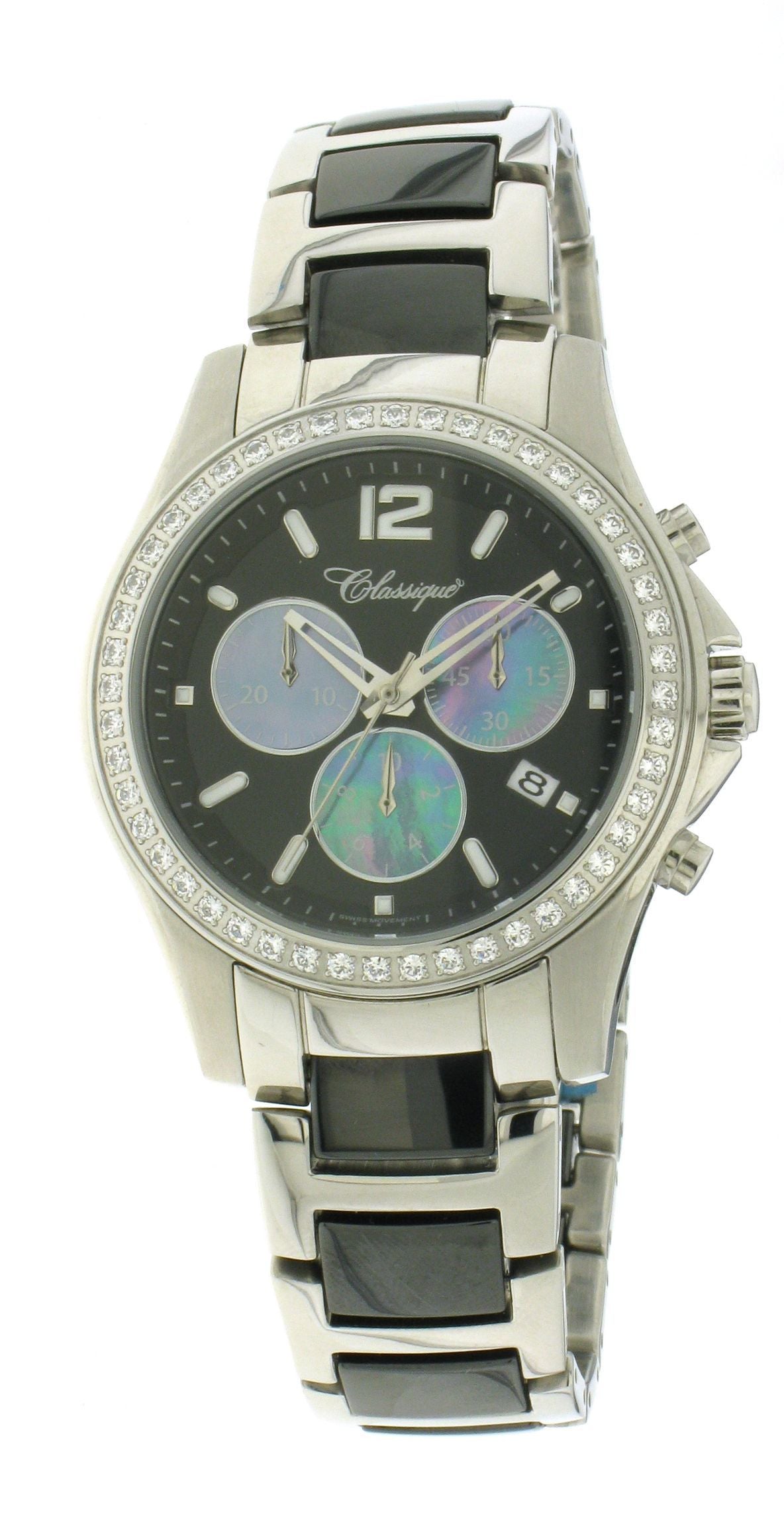 UnisexSteel Black Ceramic CZ Chronograph Swiss Qtz