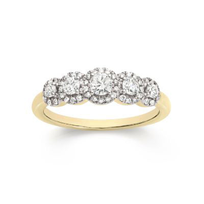 9ct Yellow Gold 0.50ct Diamond 5-Section Halo Ring 