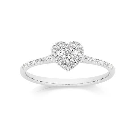 9ct White Gold 0.15ct Diamond Heart Cluster Halo Ring 