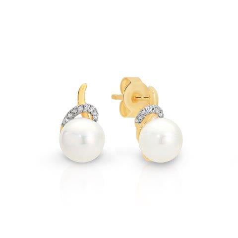 9ct Yellow Gold Freshwater Pearl and Diamond Stud Earrings